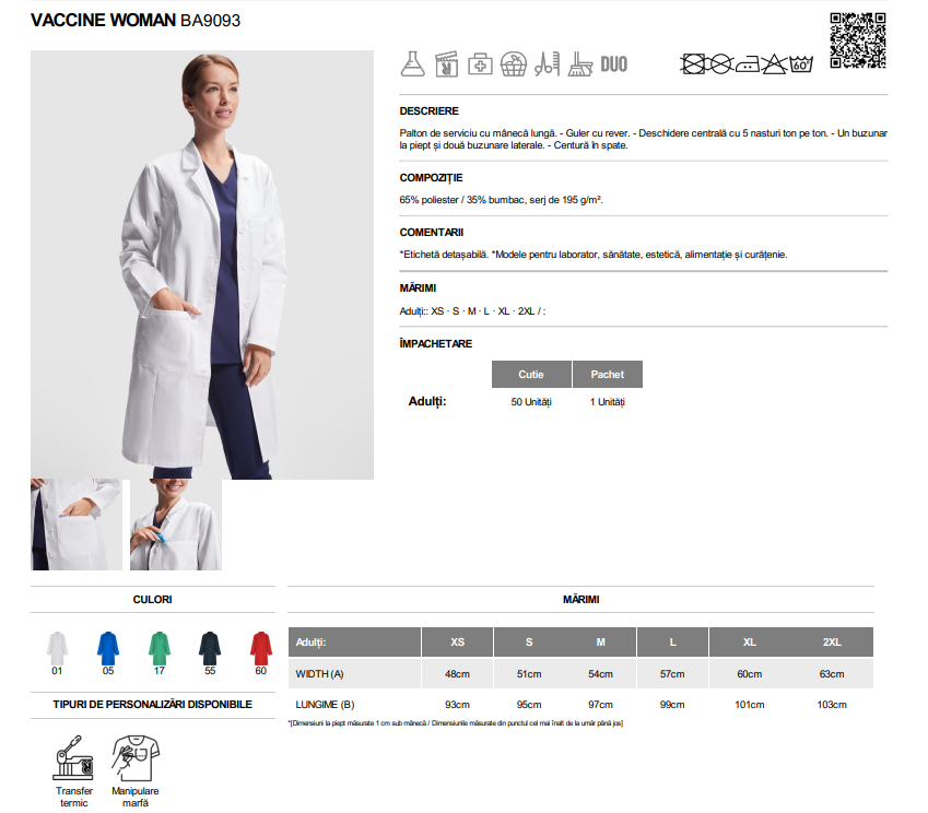 Halat medical dama cu mânecă lungă VACCINE